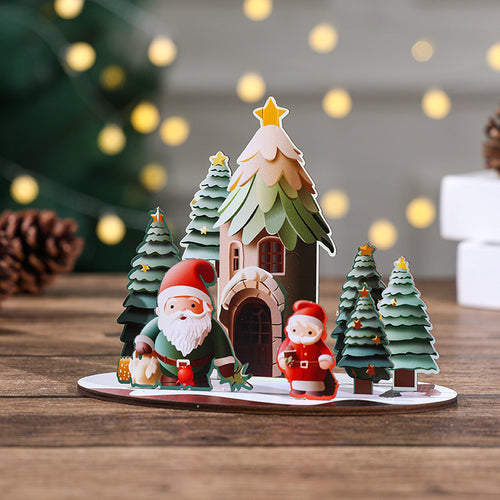 Christmas Cartoon Wooden House DIY Kit – 3D Puzzle Painting Craft