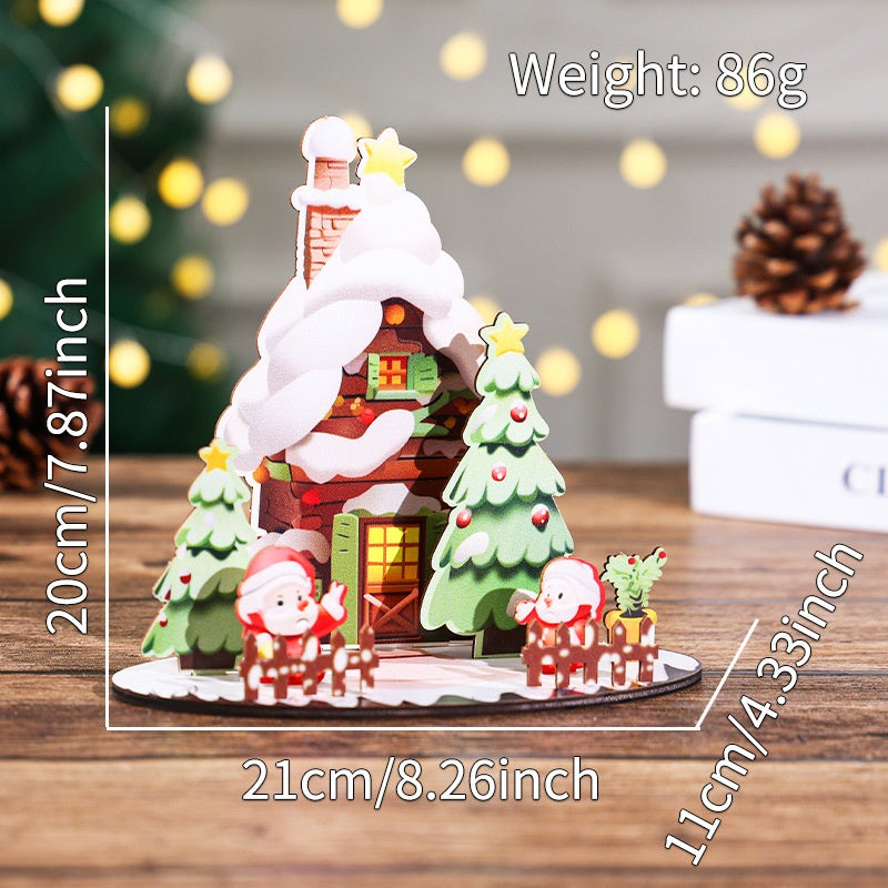 Christmas Cartoon Wooden House DIY Kit – 3D Puzzle Painting Craft