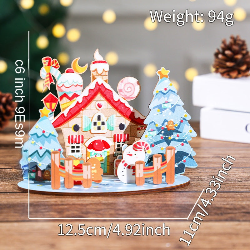 Christmas Cartoon Wooden House DIY Kit – 3D Puzzle Painting Craft