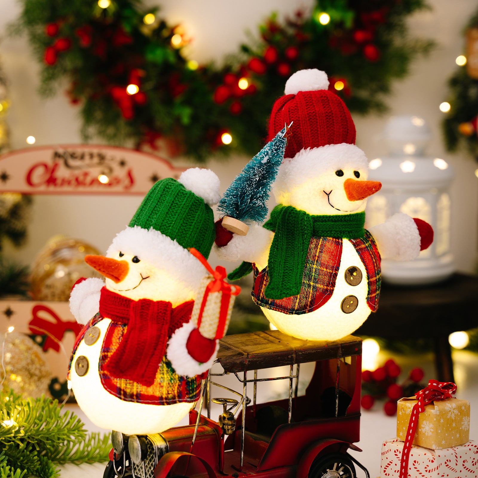 Christmas Decoration Item LED Snowman Figurine with Light Desktop Ornament