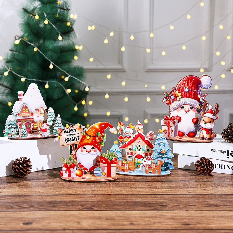 Christmas Cartoon Wooden House DIY Kit – 3D Puzzle Painting Craft