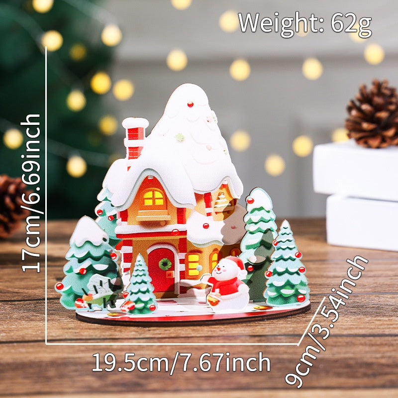 Christmas Cartoon Wooden House DIY Kit – 3D Puzzle Painting Craft