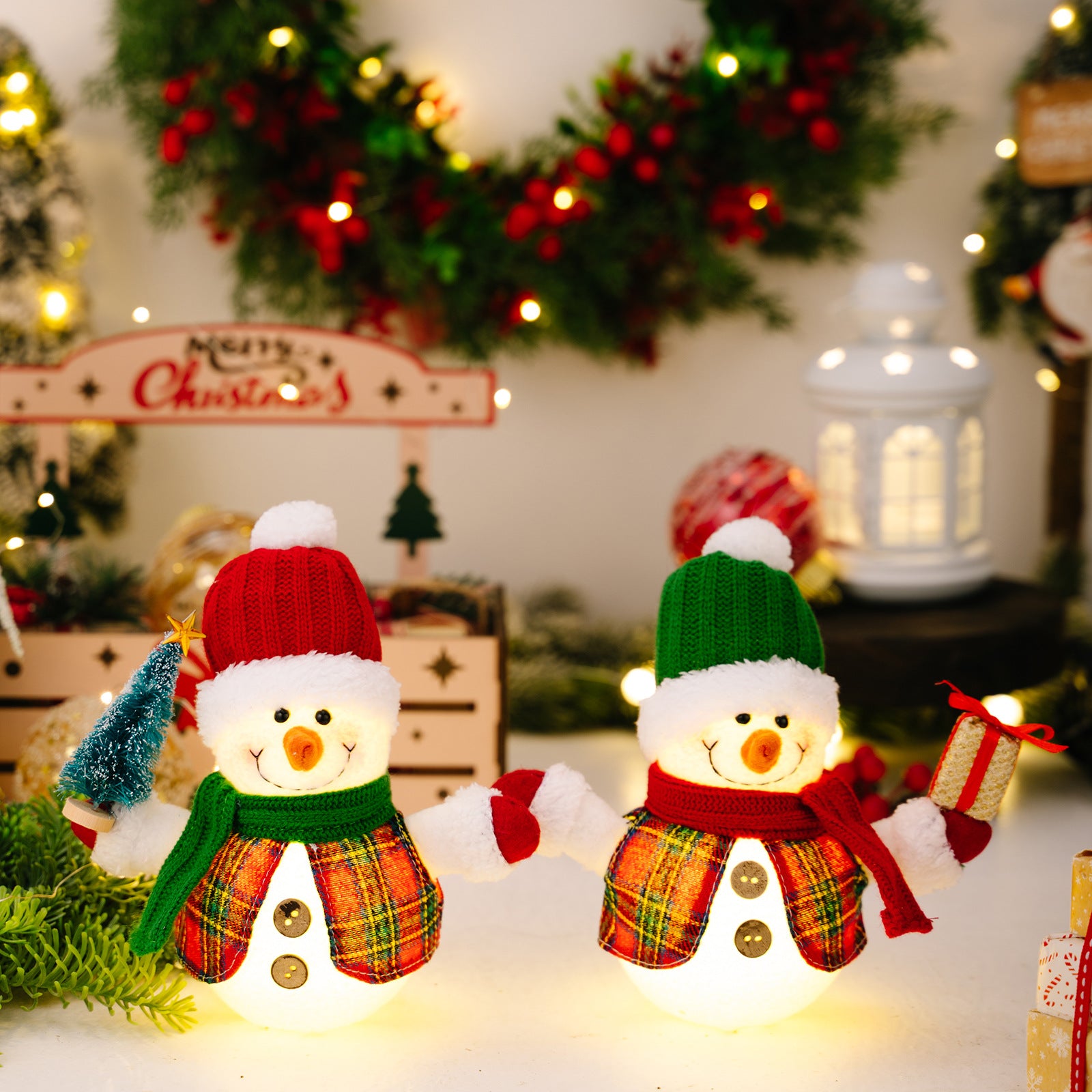 Christmas Decoration Item LED Snowman Figurine with Light Desktop Ornament