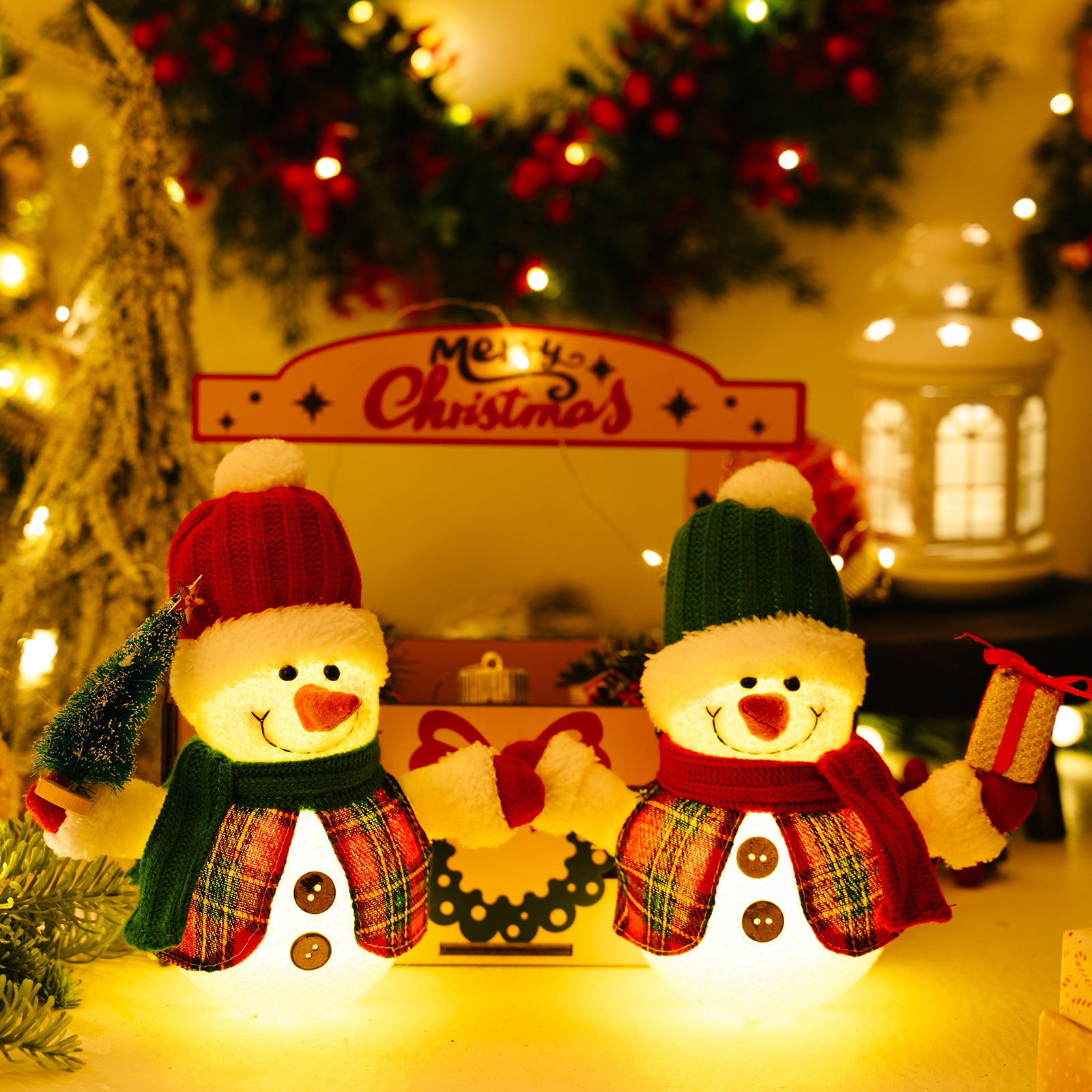 Christmas Decoration Item LED Snowman Figurine with Light Desktop Ornament